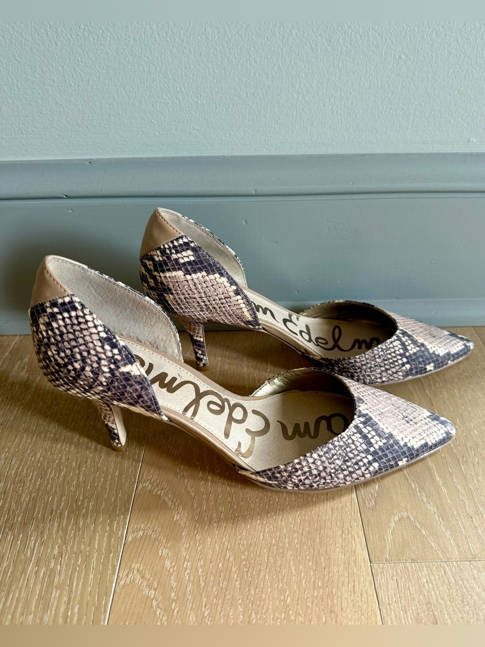 Sam Edelman Beige and Black Snake-Print D'Orsay Pointed-Toe Heels